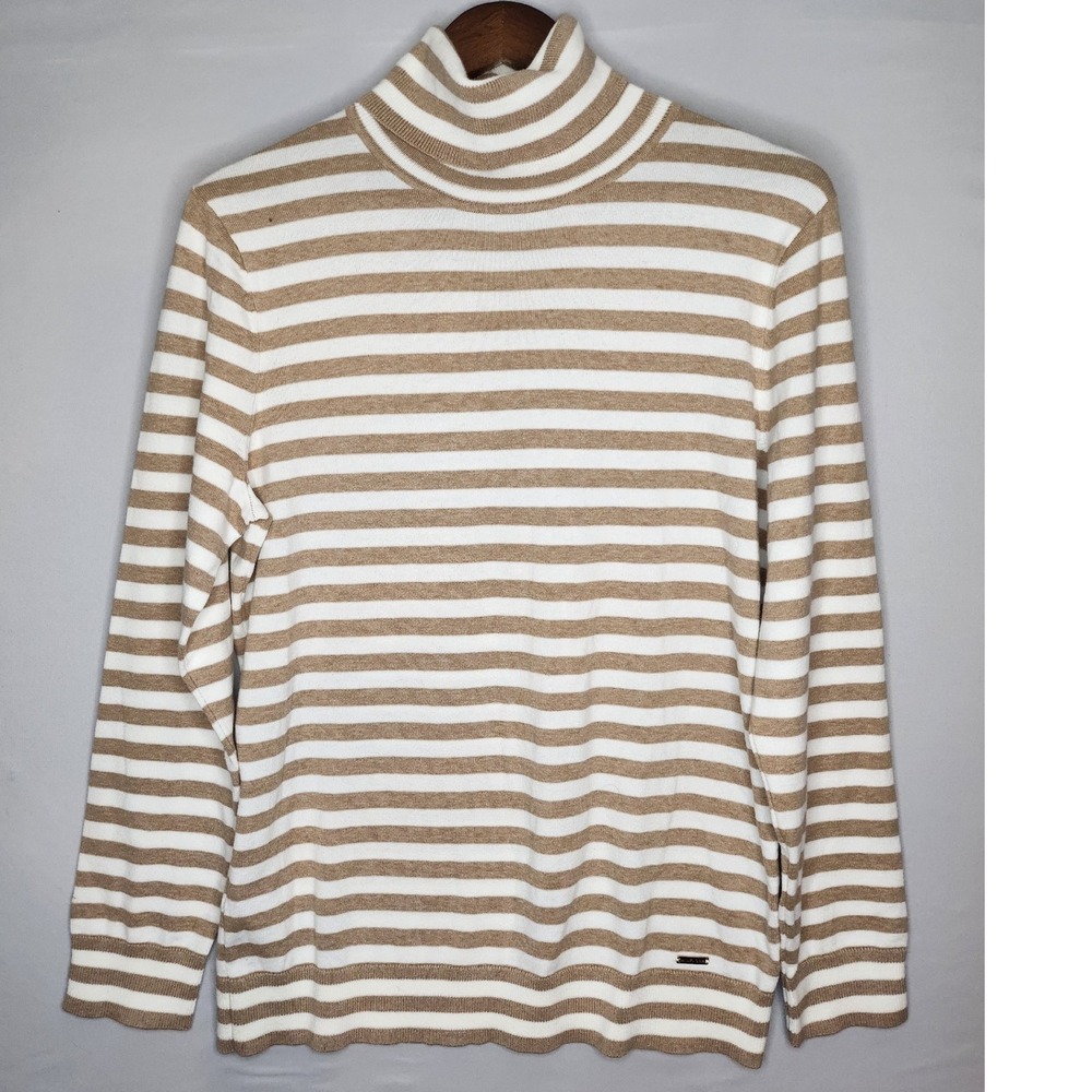 Tommy Hilfiger Sweater Beige Striped Long Sleeve Turtleneck Large Gold accents